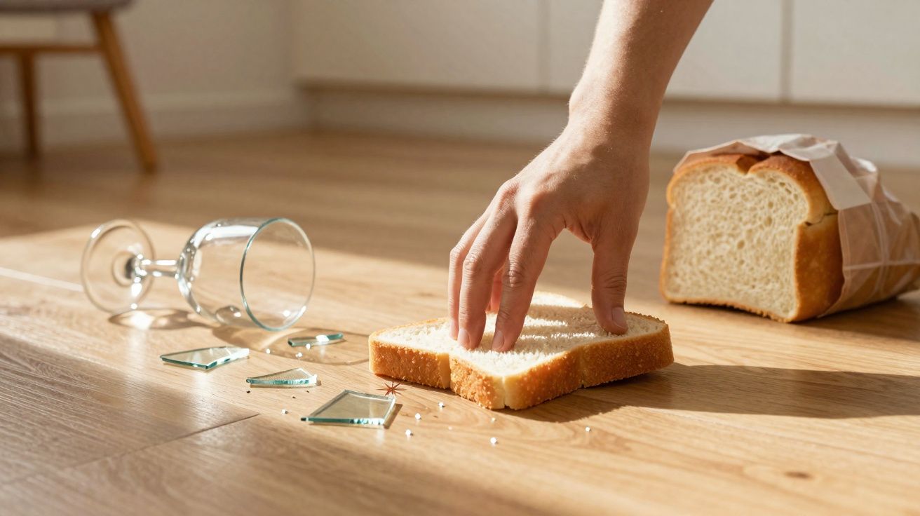 Mão pega fatia de pão para limpar cacos de vidro e sal derramados no chão de madeira.