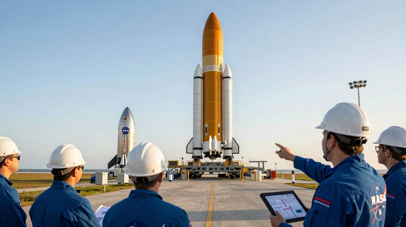 Cinco técnicos da NASA com capacetes observam e analisam dois foguetes na plataforma de lançamento.