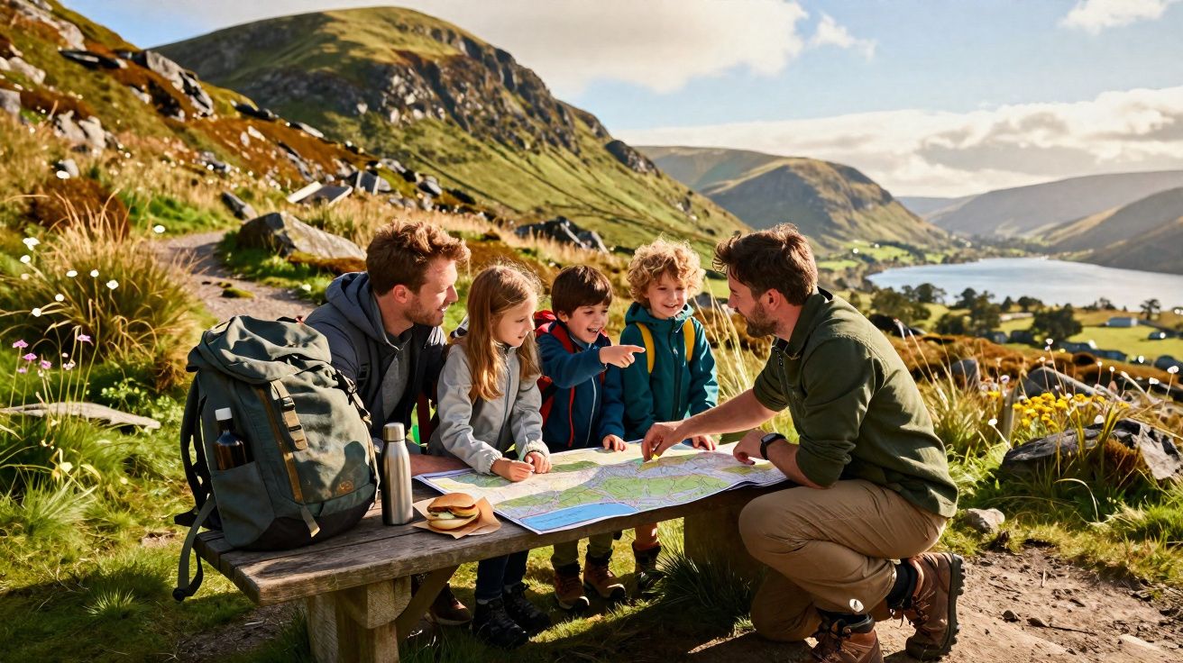 Família com duas crianças estudando mapa em banco de parque com montanhas e lago ao fundo.