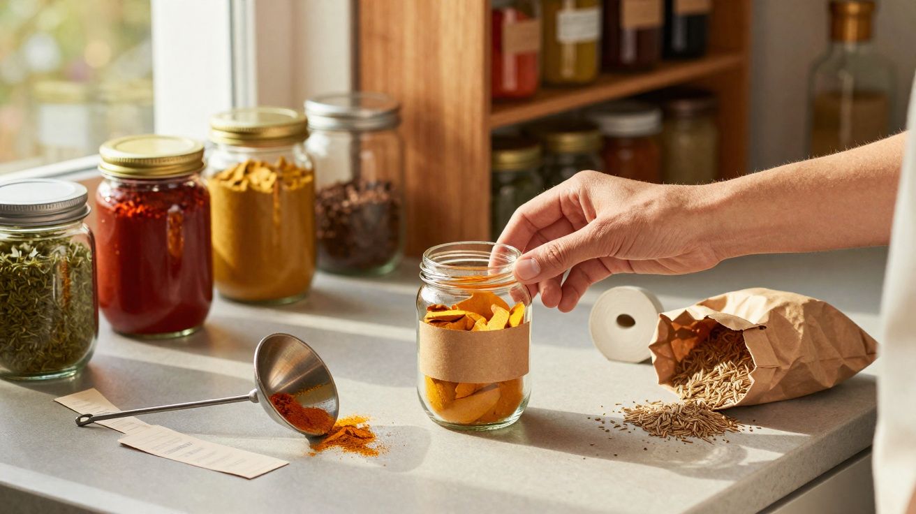 Mão colocando pedaços de açafrão em pote de vidro, ao lado de potes com especiarias e saco com sementes.