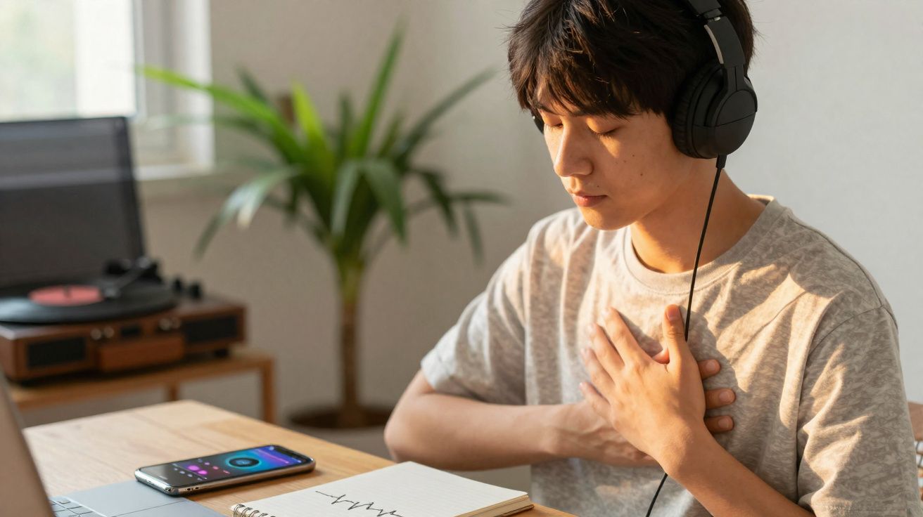 Jovem com fones de ouvido, segurando o peito, parece emocionado enquanto ouve música no celular.