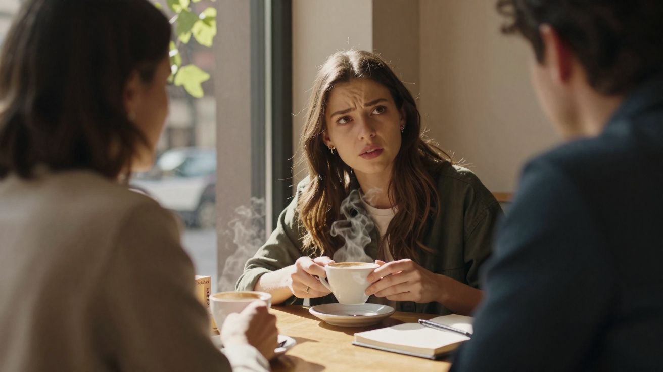 Mulher expressando preocupação conversa com outras duas pessoas em café, segurando xícara de bebida quente.