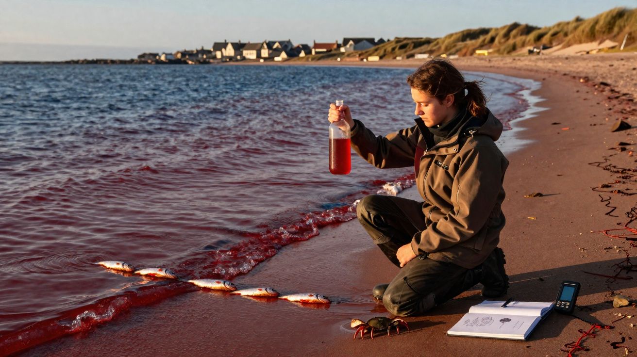 Pessoa coleta amostra de água vermelha na praia com peixes mortos na beira e anotações ao lado.