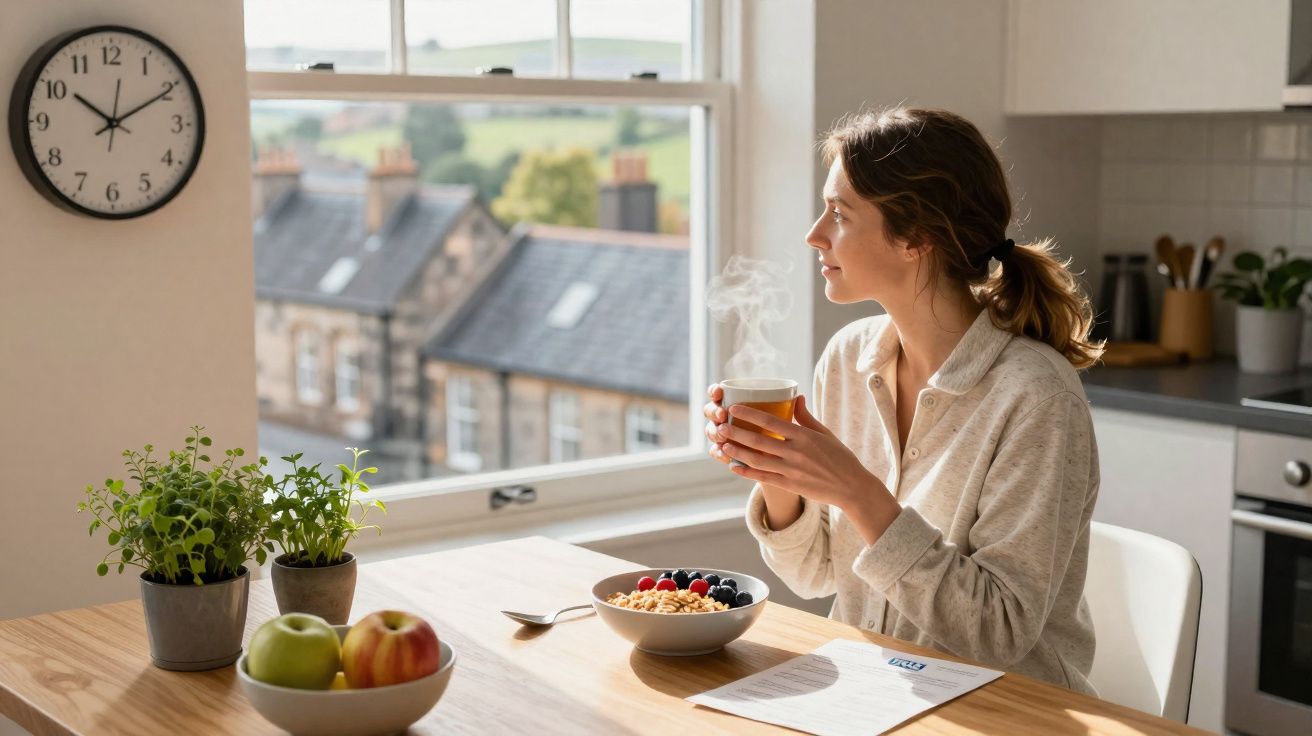Mulher sentada à mesa na cozinha, segurando uma caneca fumegante e olhando pela janela durante o dia.