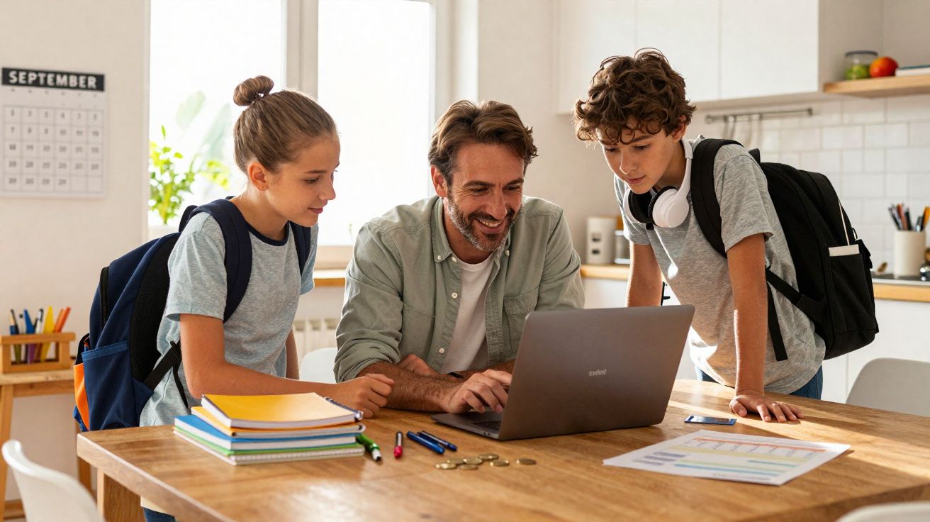 Pai ajuda filhos com mochila nas costas a estudar usando notebook na mesa da cozinha.