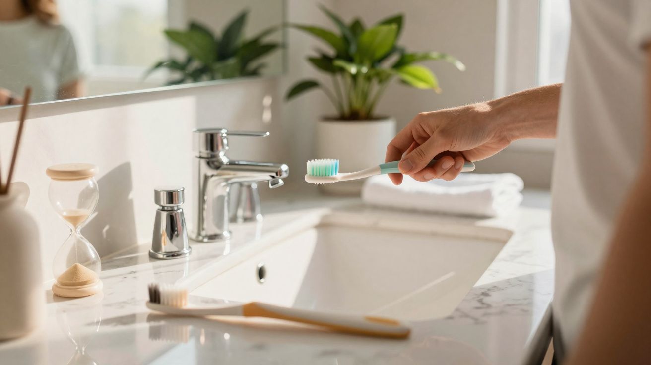 Pessoa segurando escova de dentes sobre pia em banheiro com plantas e ampulheta decorativa.
