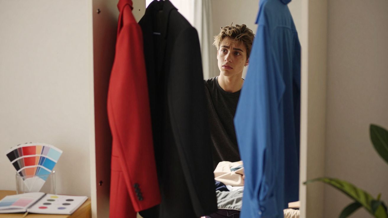 Jovem olhando roupas penduradas na porta de um armário com expressão pensativa.