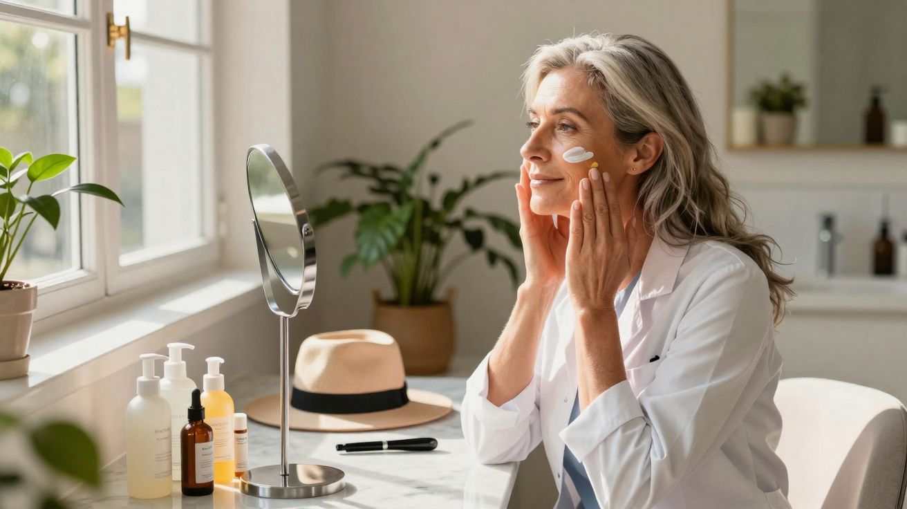 Mulher madura aplicando creme no rosto sentada à mesa com espelho e produtos de skincare ao lado.
