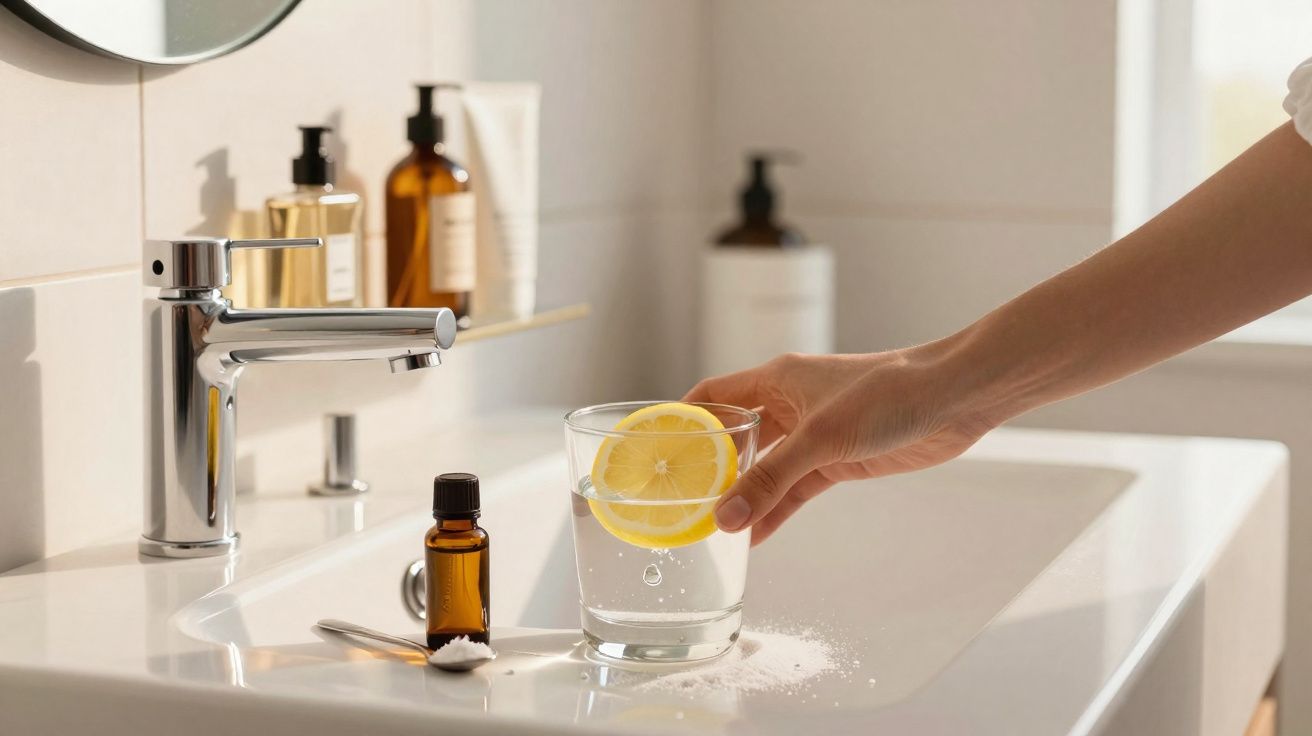 Pessoa segurando copo com água e fatia de limão em pia de banheiro com frascos e espelho.