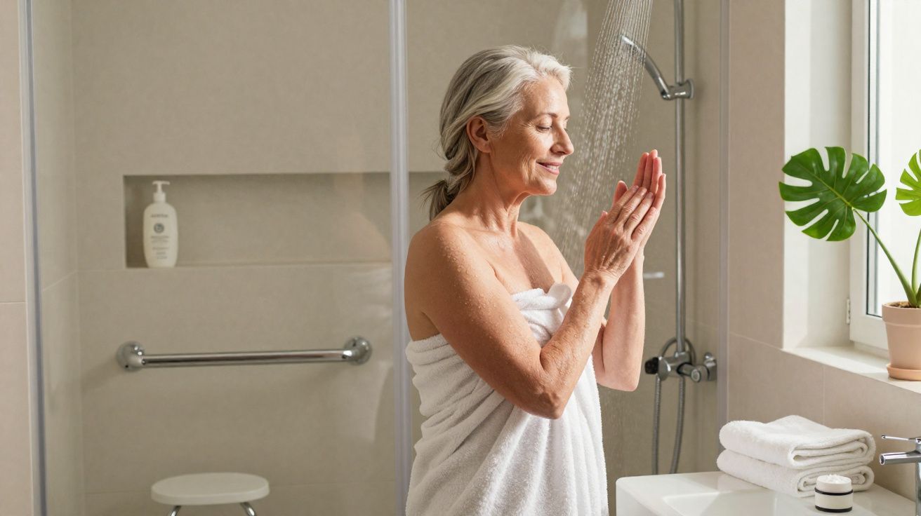 Mulher sorridente com toalha branca tomando banho enquanto recebe água do chuveiro em banheiro claro.