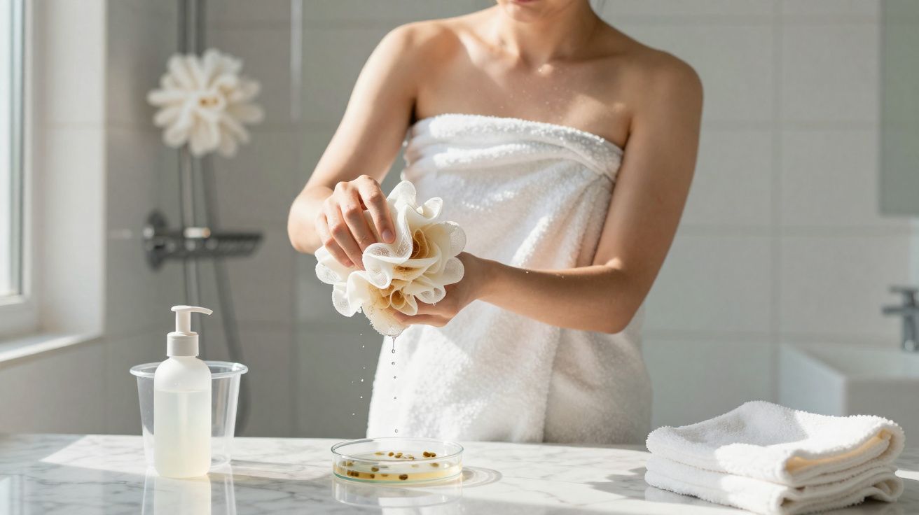 Pessoa com toalha branca espremendo uma esponja em bancada com frasco e toalhas no banheiro.