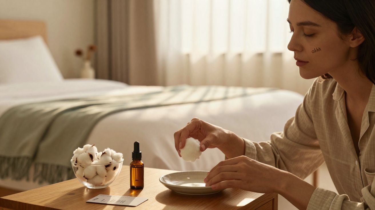 Mulher aplicando óleo facial com algodão sentada perto da cama em ambiente iluminado natural.
