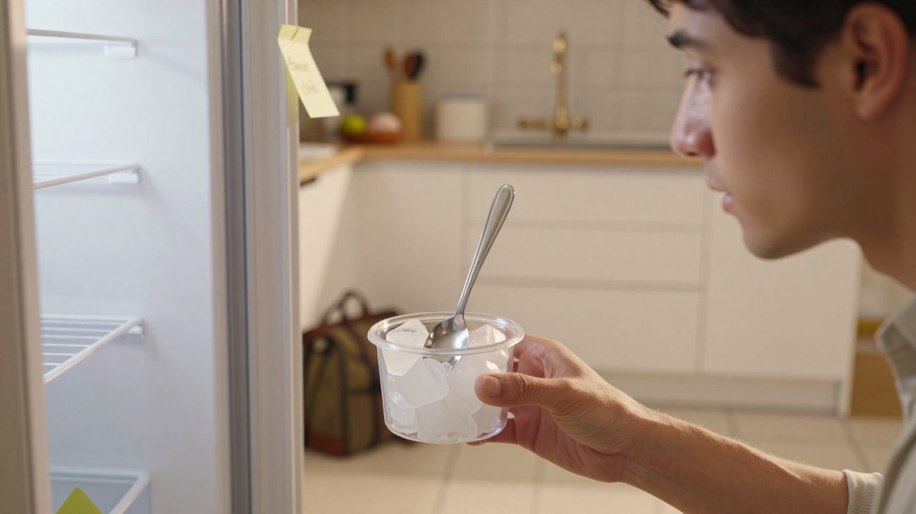 Homem segurando pote com cubos de gelo e colher na frente da geladeira aberta em cozinha.