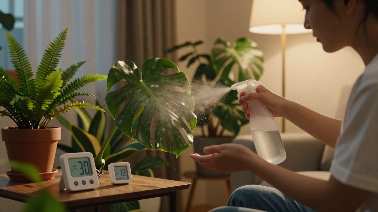 Pessoa borrifando água em planta com folhas grandes em ambiente interno com luz amarela.