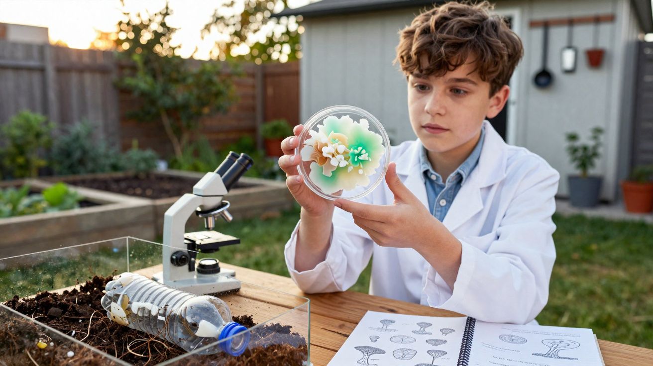 Criança com jaleco segurando placa de petri com cultura de fungos em um jardim, com microscópio e caderno aberto.