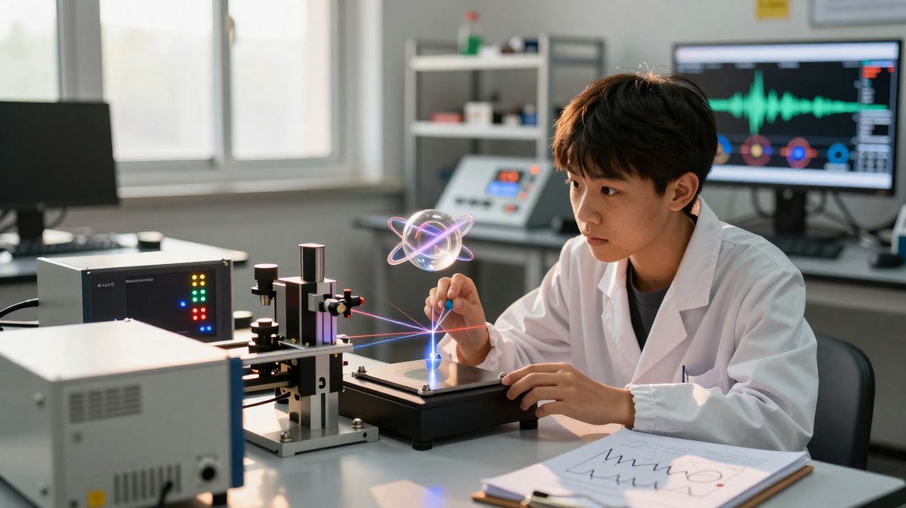 Jovem cientista em laboratório usando equipamento óptico, com ilustração digital de átomo flutuante.