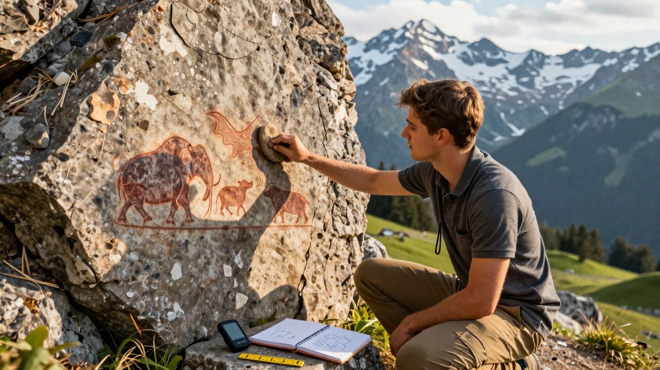 Jovem estudando pinturas rupestres de animais em uma rocha em ambiente montanhoso com neve ao fundo.