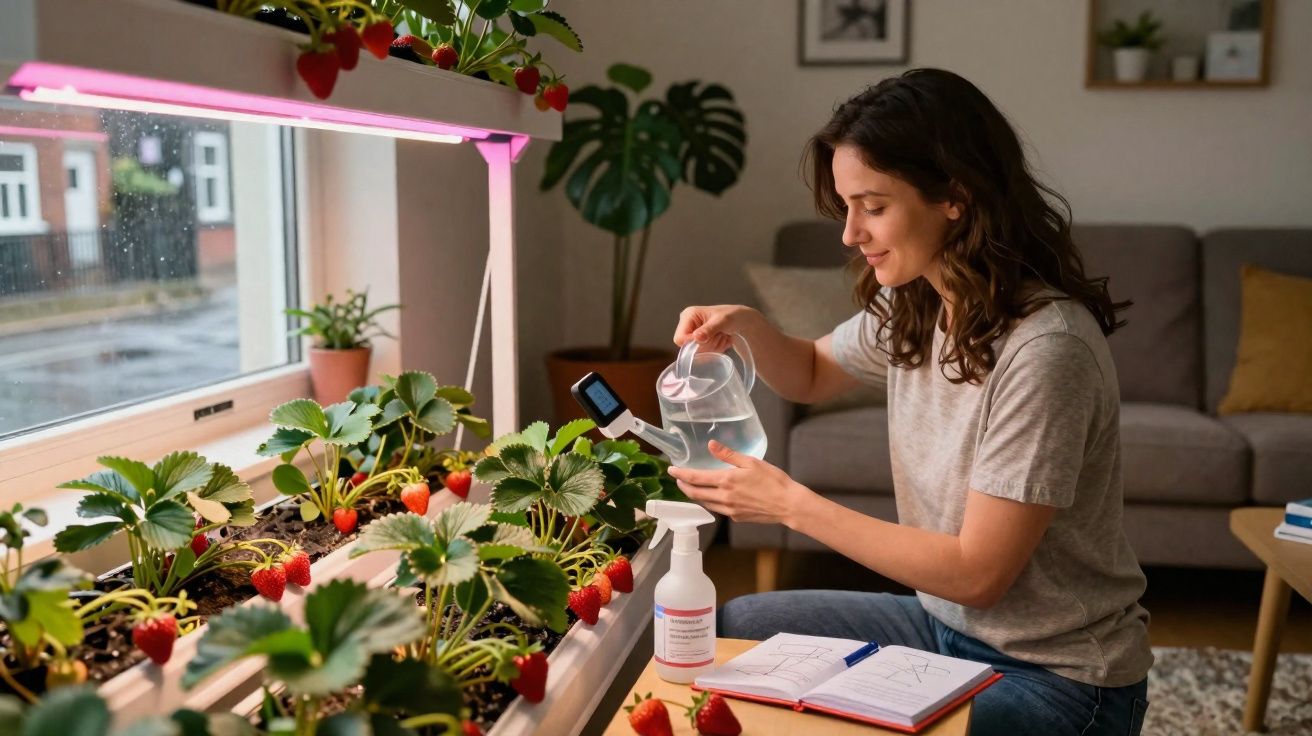 Mulher regando morangos cultivados em horta indoor com lâmpada de cultivo rosa próxima à janela.