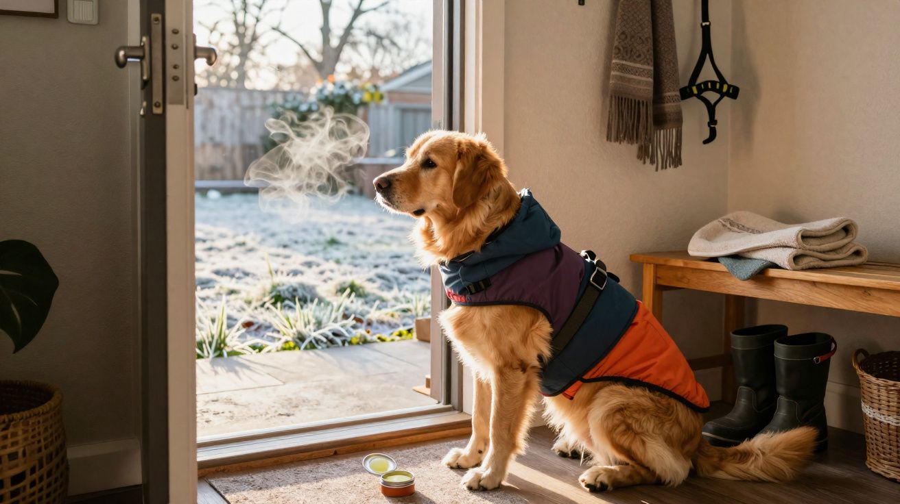 Cachorro com casaco colorido sentado junto à porta aberta em ambiente interno com chão de madeira.