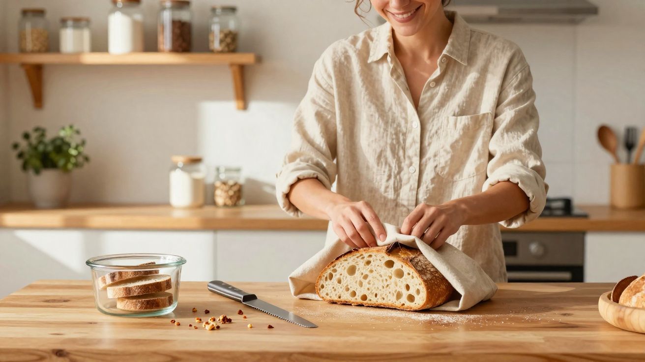 Mulher sorrindo envolvendo pão artesanal em pano na cozinha com utensílios ao fundo.