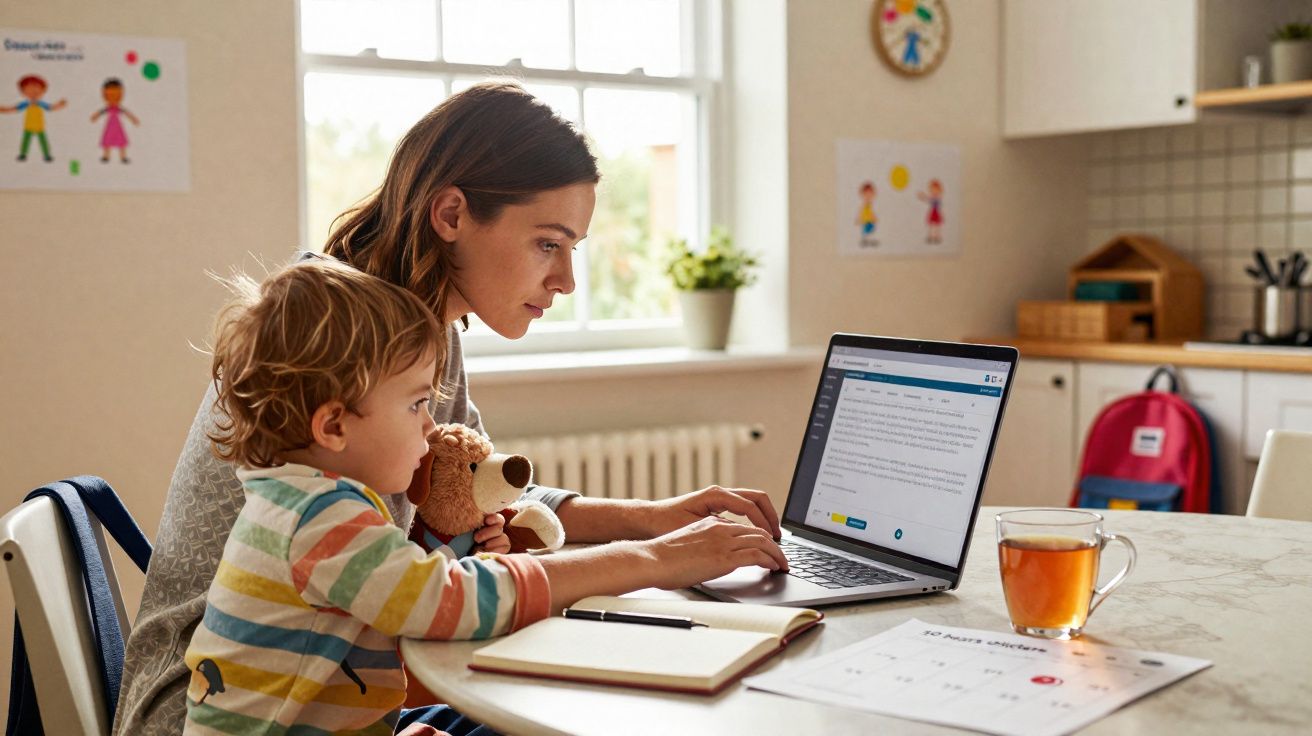 Mulher e criança com ursinho sentados em mesa, mulher usa laptop em ambiente doméstico iluminado.