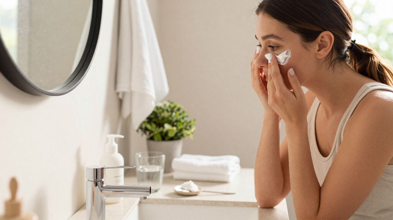 Mulher aplicando creme facial no rosto em banheiro moderno e iluminado.