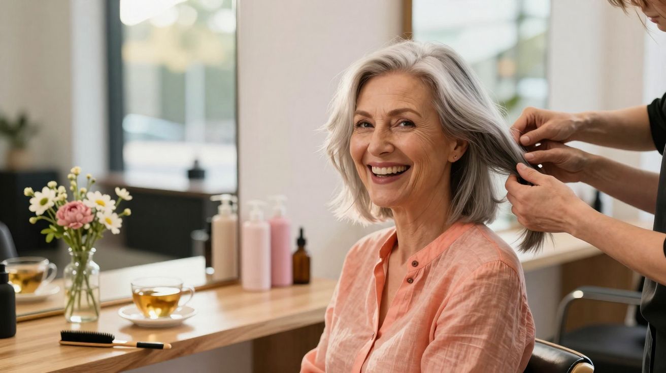 Mulher sorridente com cabelo grisalho sendo penteada em salão, com flores e chá ao fundo.