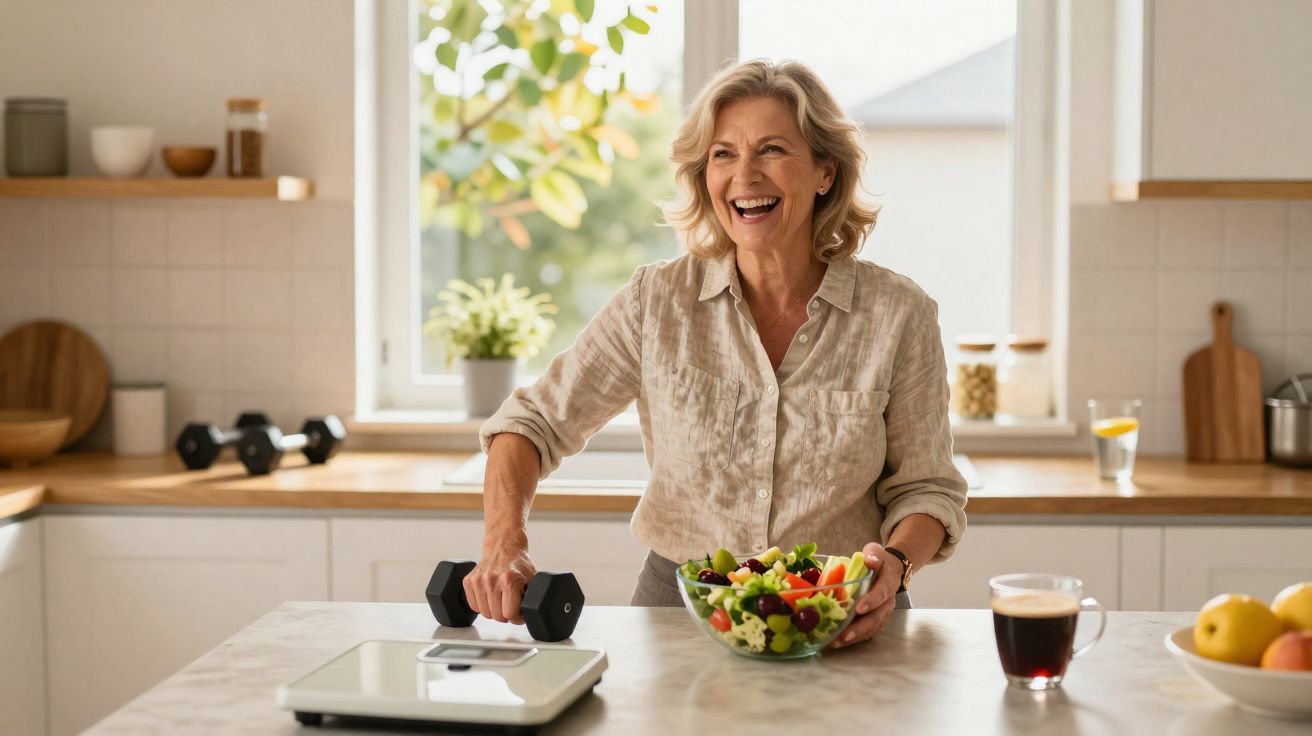 Mulher sorridente na cozinha segurando halter e tigela com salada saudável na bancada.