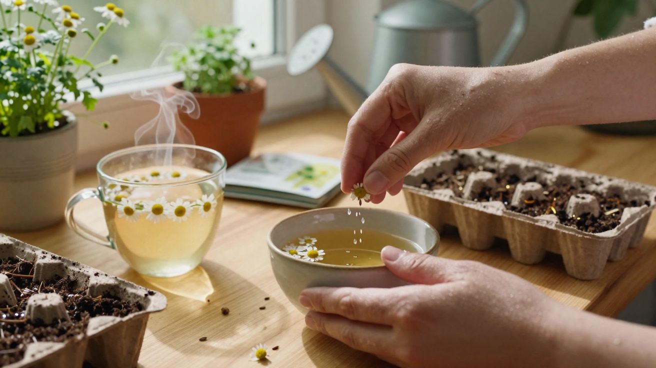 Mãos seguram xícara com chá de camomila e adicionam flores em ambiente com plantas e bandeja de sementes.