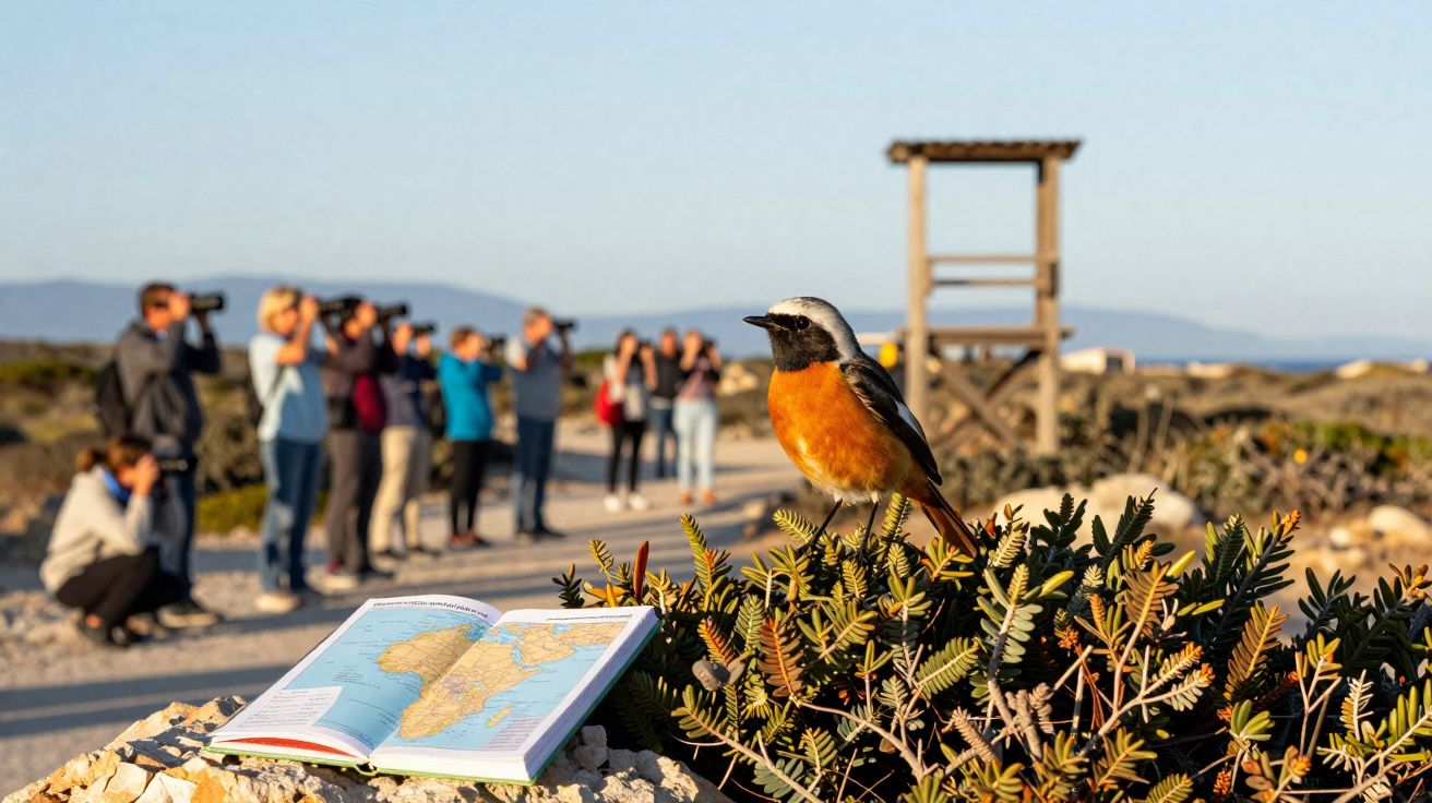 Pássaro laranja empoleirado em arbusto com grupo de pessoas observando e livro aberto sobre mapa no chão.