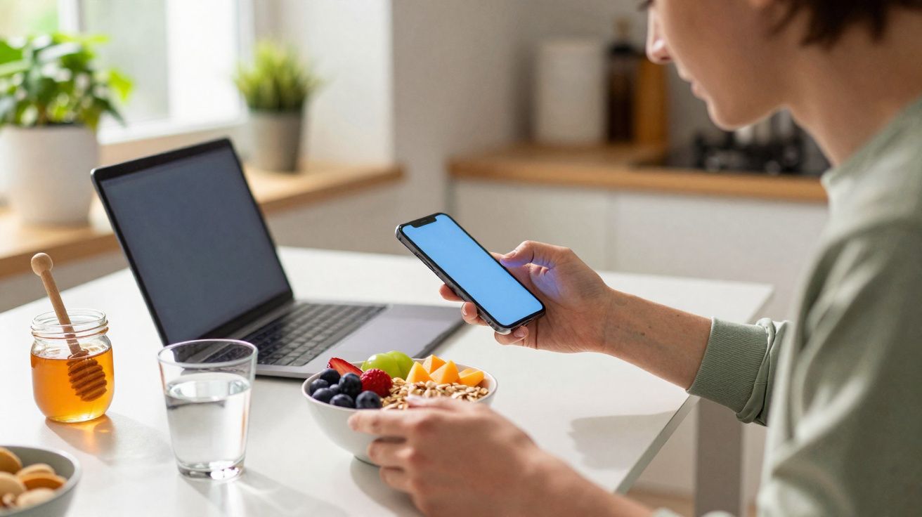 Pessoa segura smartphone e tigela de frutas na mesa com laptop, mel e copo d’água em ambiente iluminado.