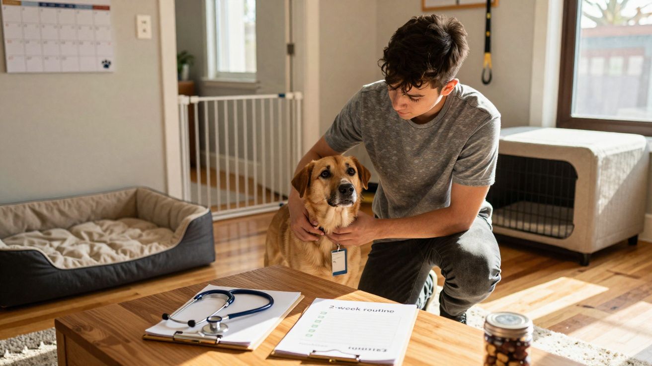 Jovem com camiseta cinza abraça cachorro em sala com mesa, cama e agenda veterinária.