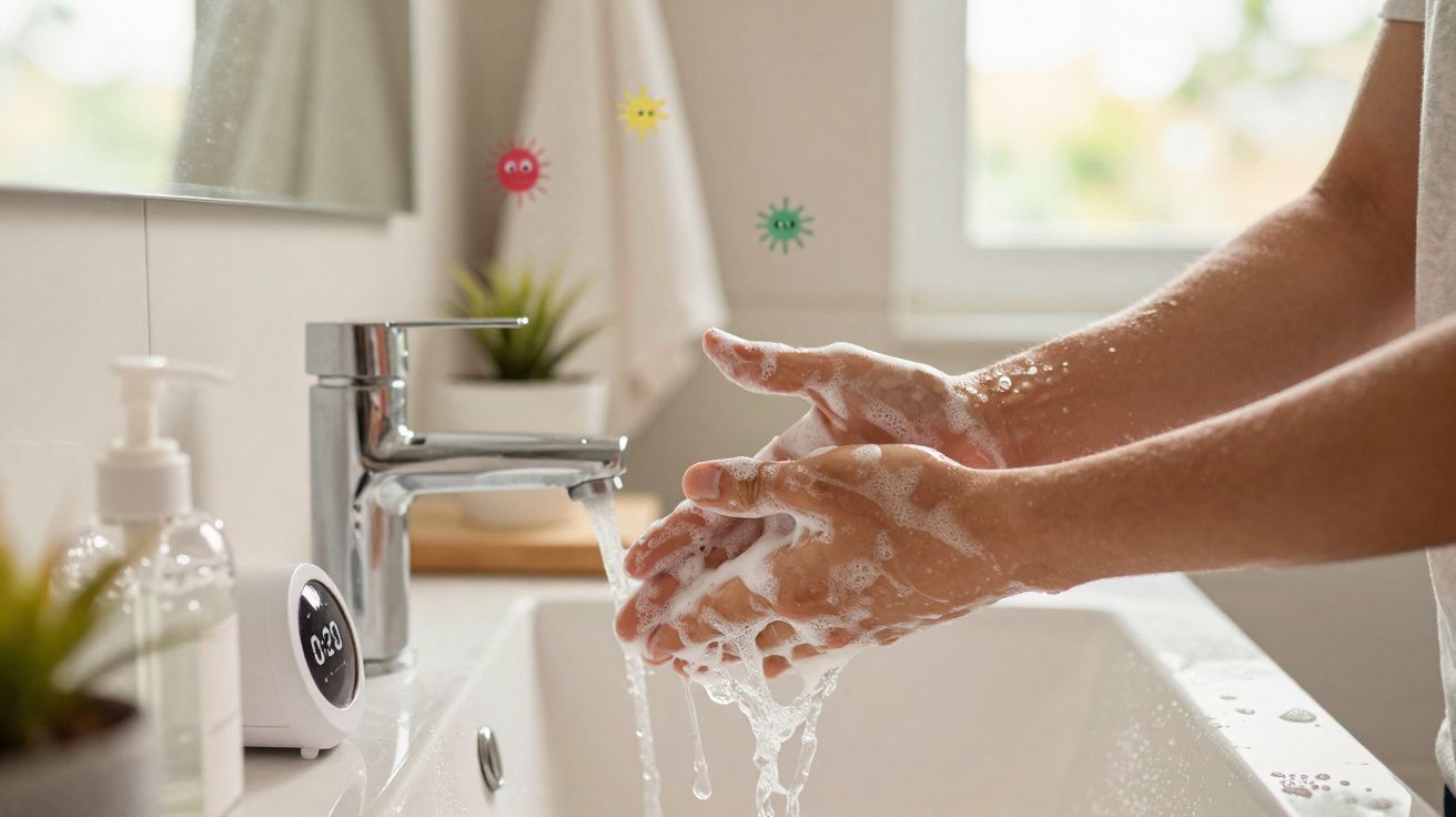 Pessoa lavando as mãos com sabão em pia, com torneira aberta e bolhas de espuma.