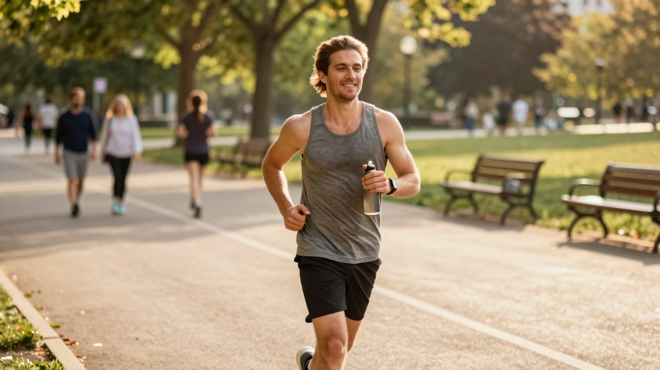 Homem sorridente correndo com regata cinza e garrafa em parque ensolarado com bancos e pessoas ao fundo.