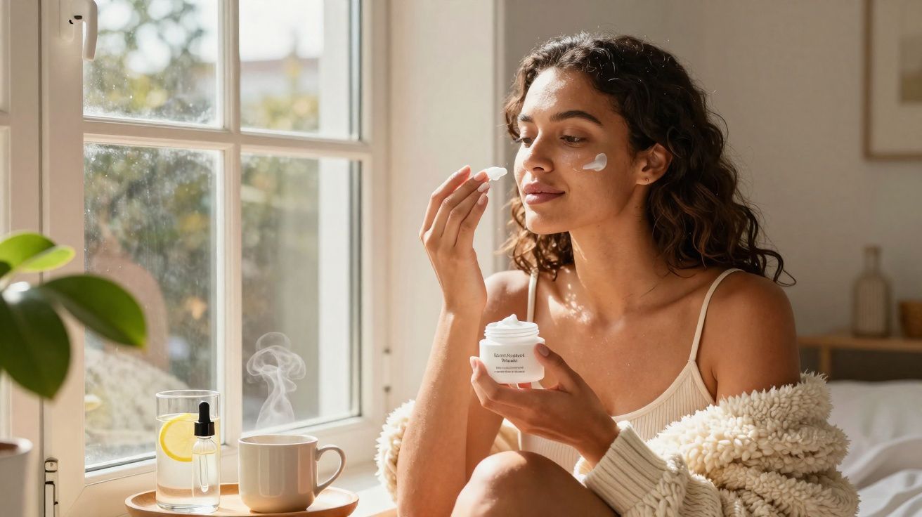 Mulher aplicando creme facial sentada próxima à janela em ambiente iluminado e aconchegante.