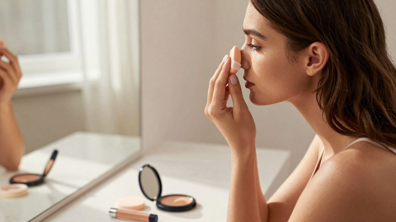 Mulher aplicando pó facial com esponja em frente ao espelho em ambiente com luz natural.