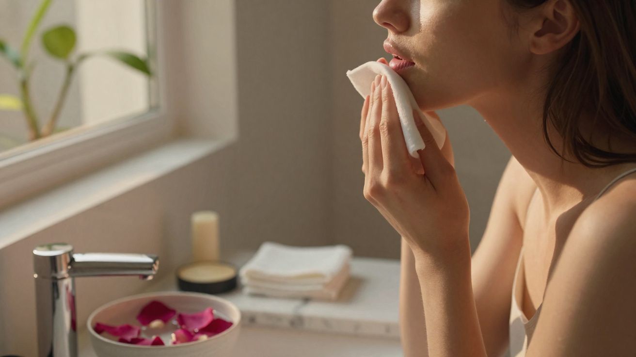 Mulher usando lenço para limpar o rosto em banheiro com luz natural e tigela com pétalas de rosa.