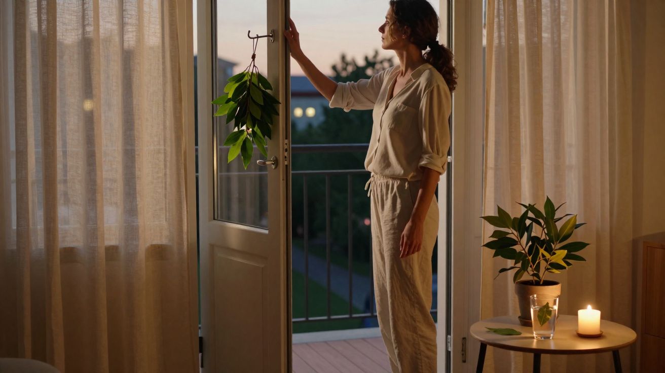 Mulher abre porta de vidro para varanda ao anoitecer em ambiente com vela acesa e plantas.
