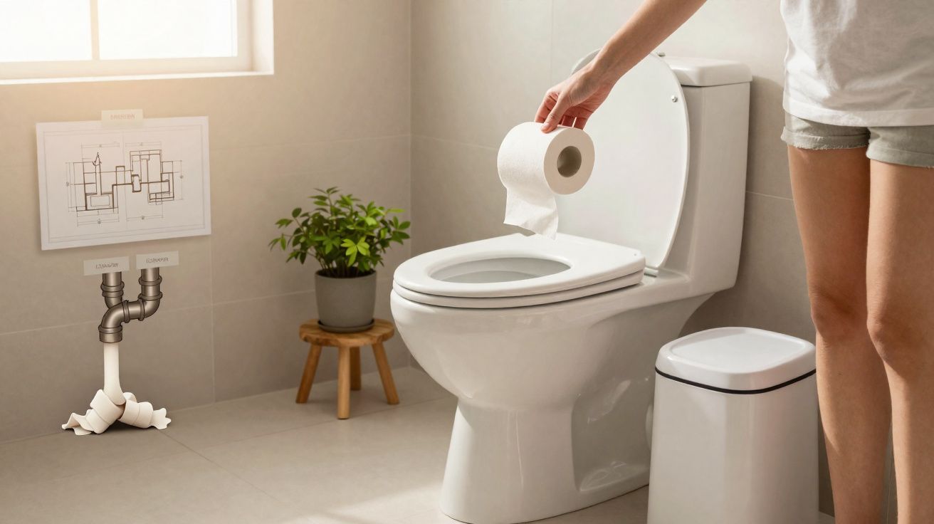 Pessoa segurando papel higiênico próximo a vaso sanitário branco em banheiro claro e decorado com planta e lixeira.