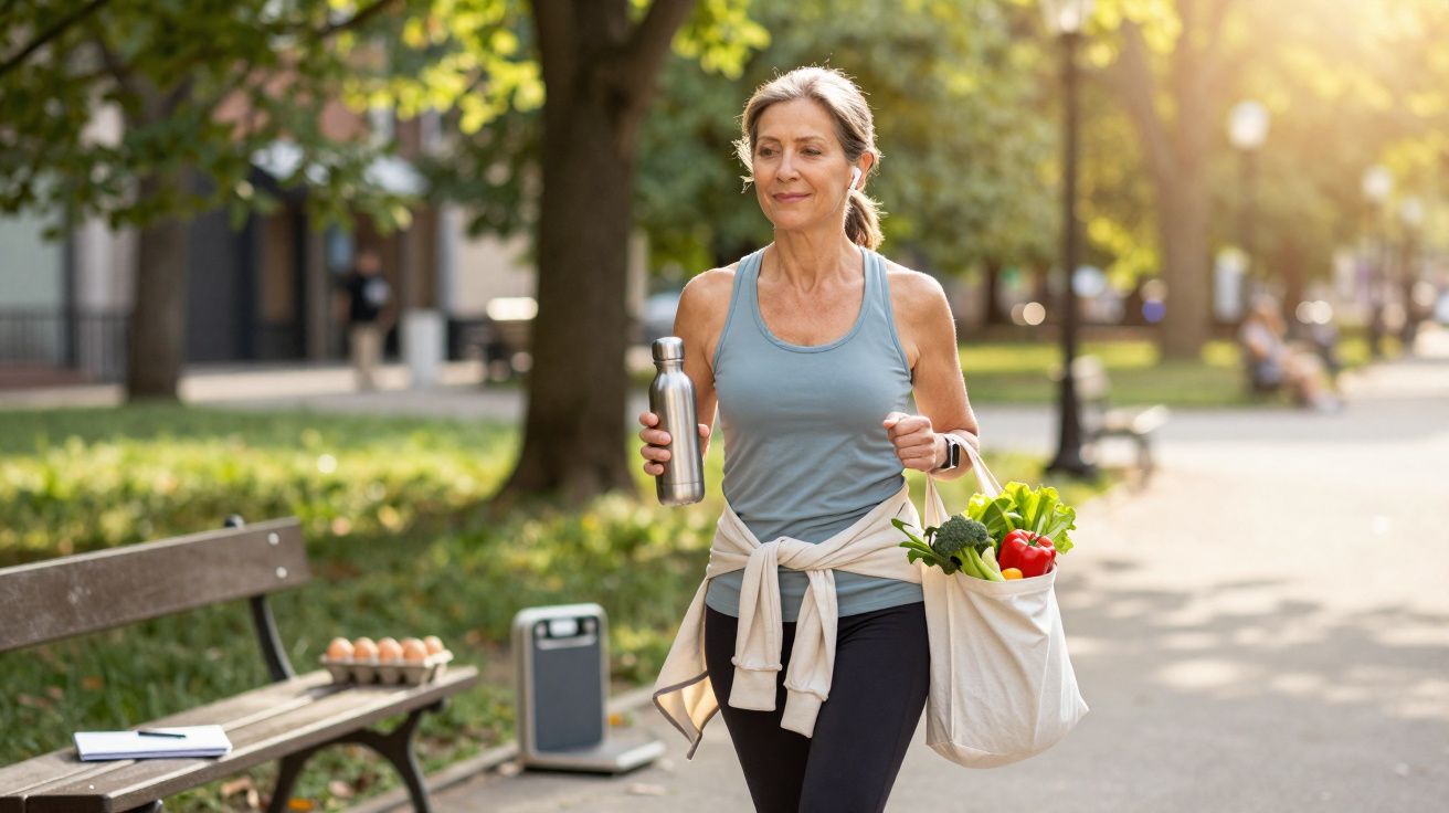 Mulher caminhando no parque com garrafa de água na mão e sacola de compras com legumes e verduras.