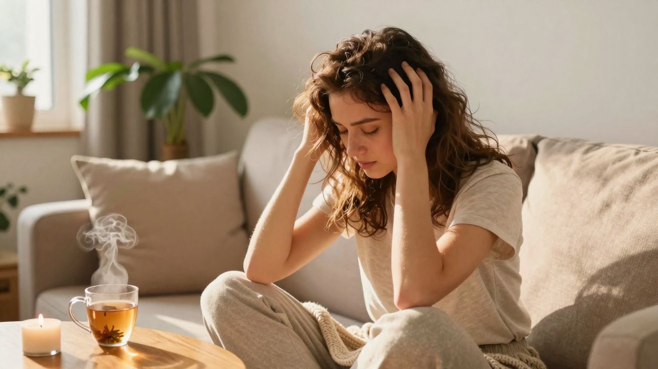 Mulher sentada no sofá com mãos na cabeça, aparentando estar preocupada, ao lado de chá quente e vela acesa.
