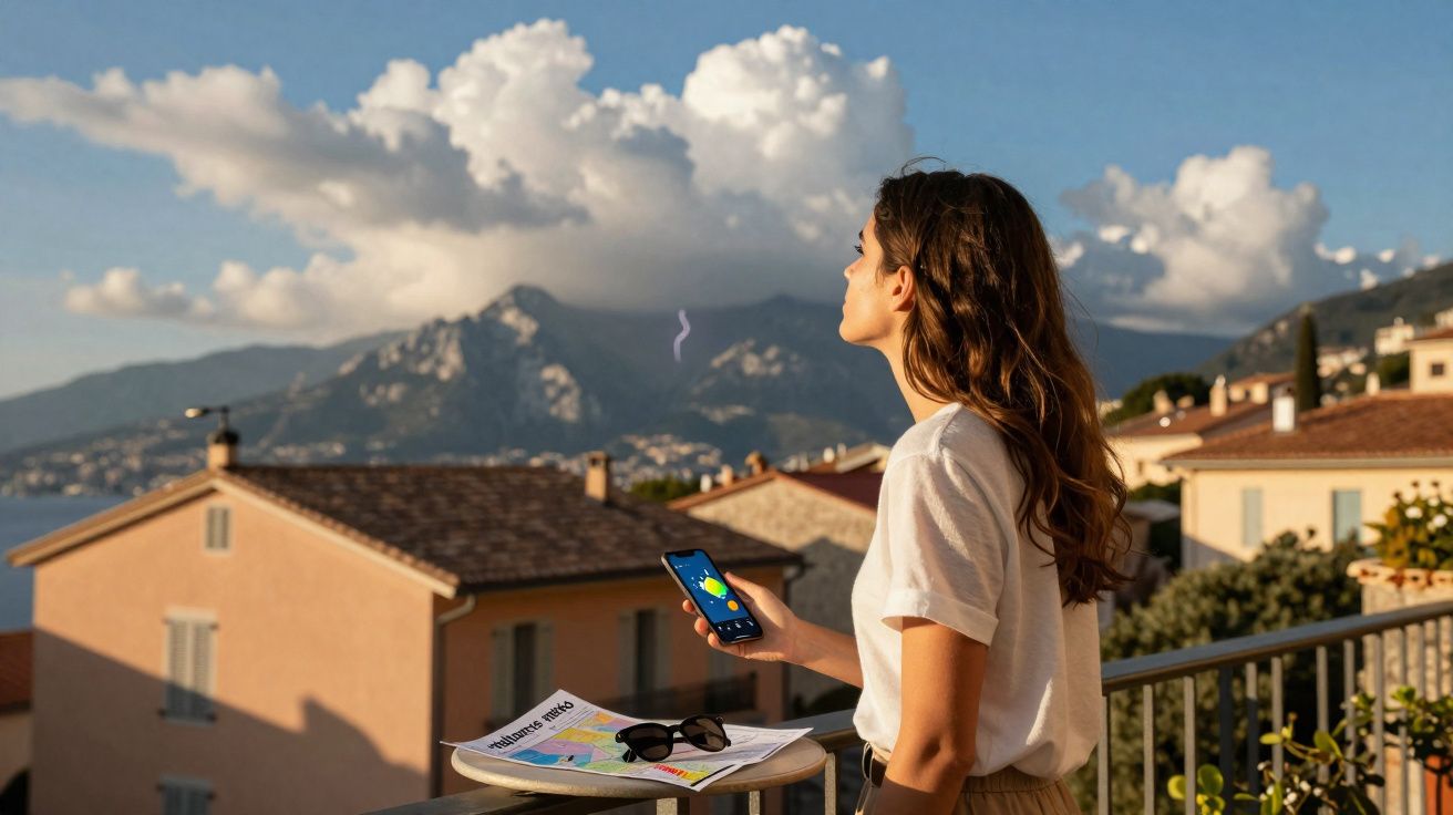 Mulher olhando para montanhas e céu nublado segurando celular na varanda de casa ao pôr do sol.