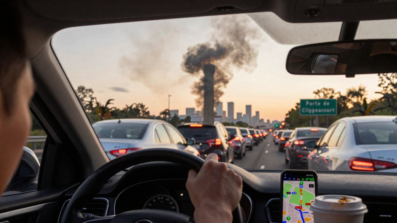 Motorista enfrenta trânsito congestionado em área urbana com fumaça escura saindo de chaminé ao fundo.
