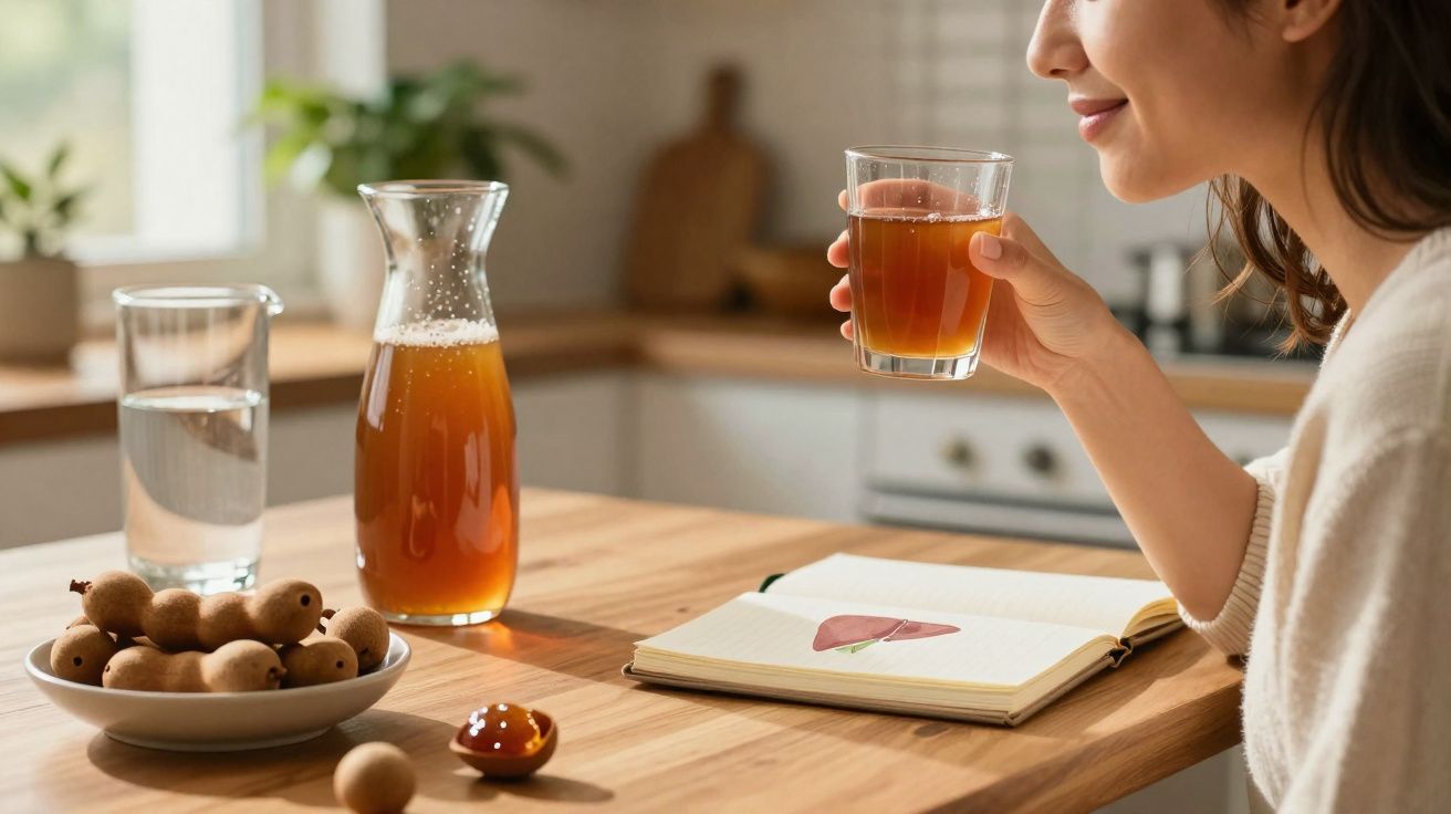 Mulher segurando copo com suco de tamarindo ao lado de tamarindos e jarra na mesa de madeira.