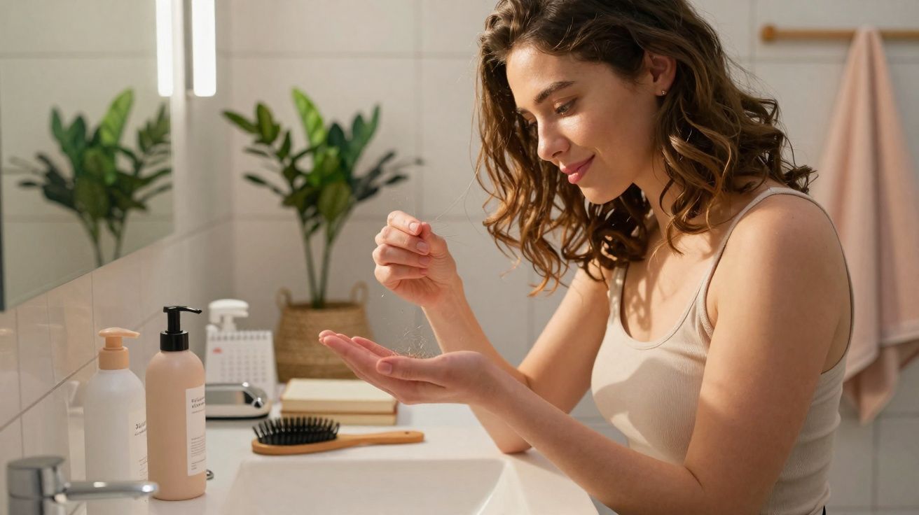 Mulher aplicando produto em pó nas mãos no banheiro, com plantas e toalha ao fundo.