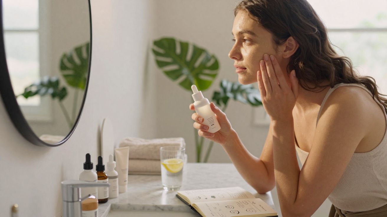 Mulher aplicando produto facial com conta-gotas em frente ao espelho no banheiro iluminado.