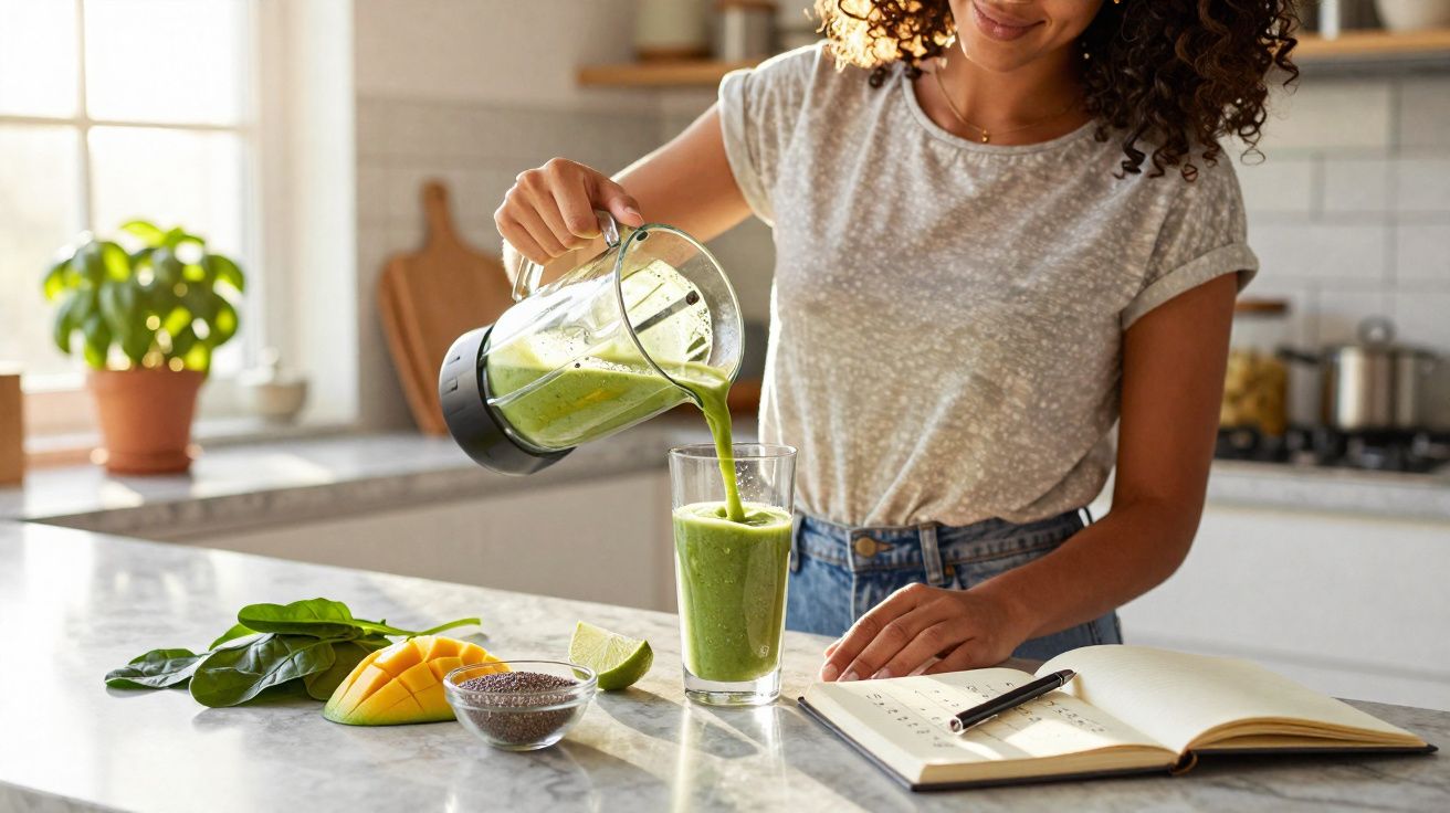 Mulher servindo smoothie verde em copo na cozinha com frutas e caderno ao lado.