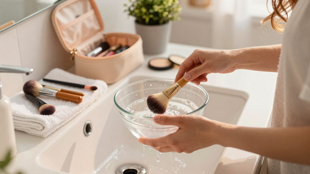 Pessoa lavando pincel de maquiagem em uma tigela de vidro na pia do banheiro, com outros pincéis sobre toalha.