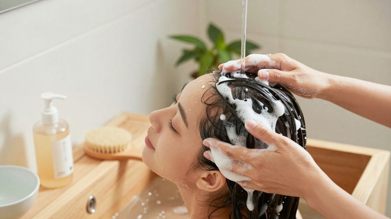 Pessoa lavando o cabelo de outra com shampoo durante banho, com espuma e água corrente.