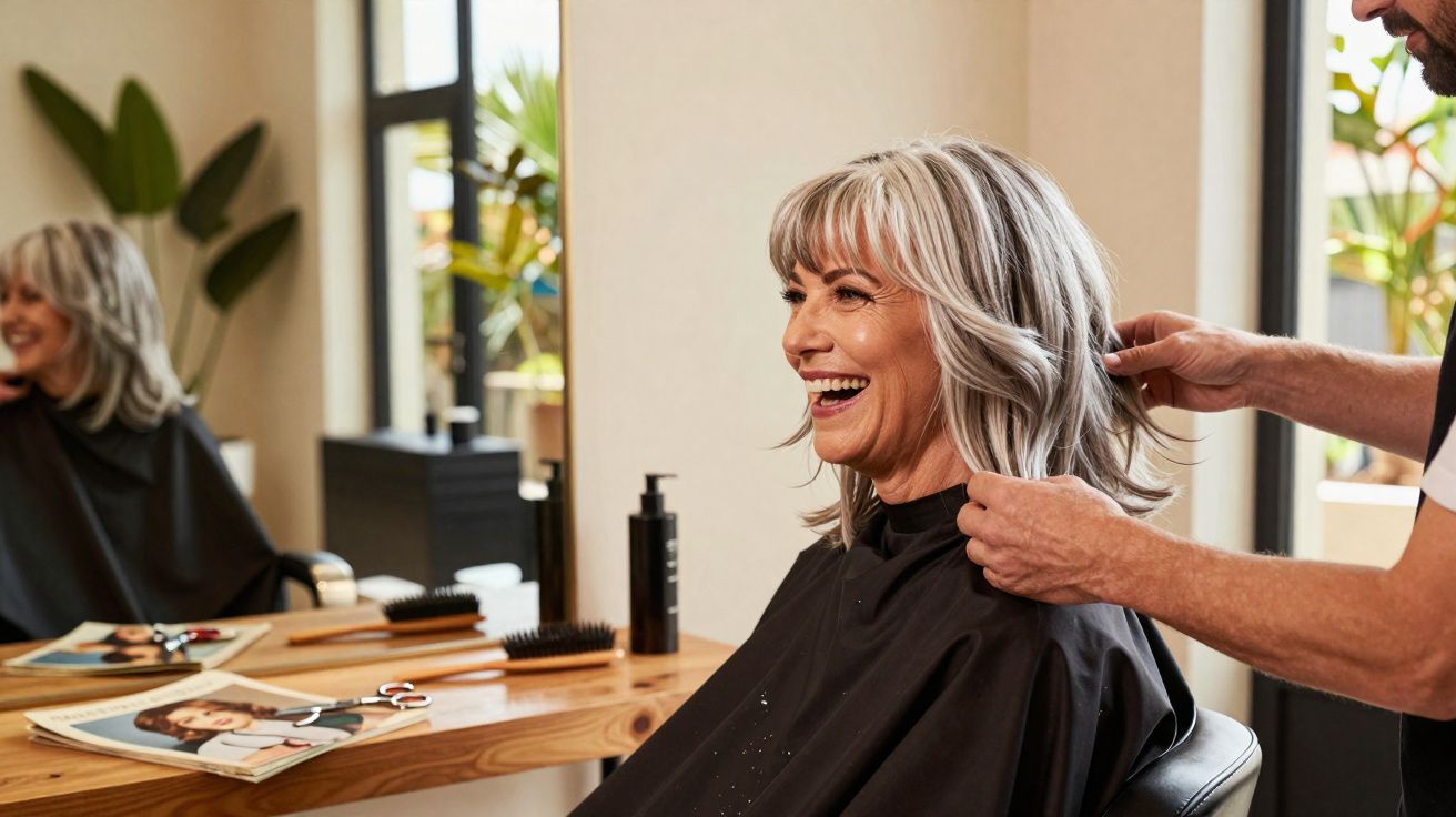 Mulher sorridente com cabelo grisalho sendo atendida por cabeleireiro em salão de beleza moderno.